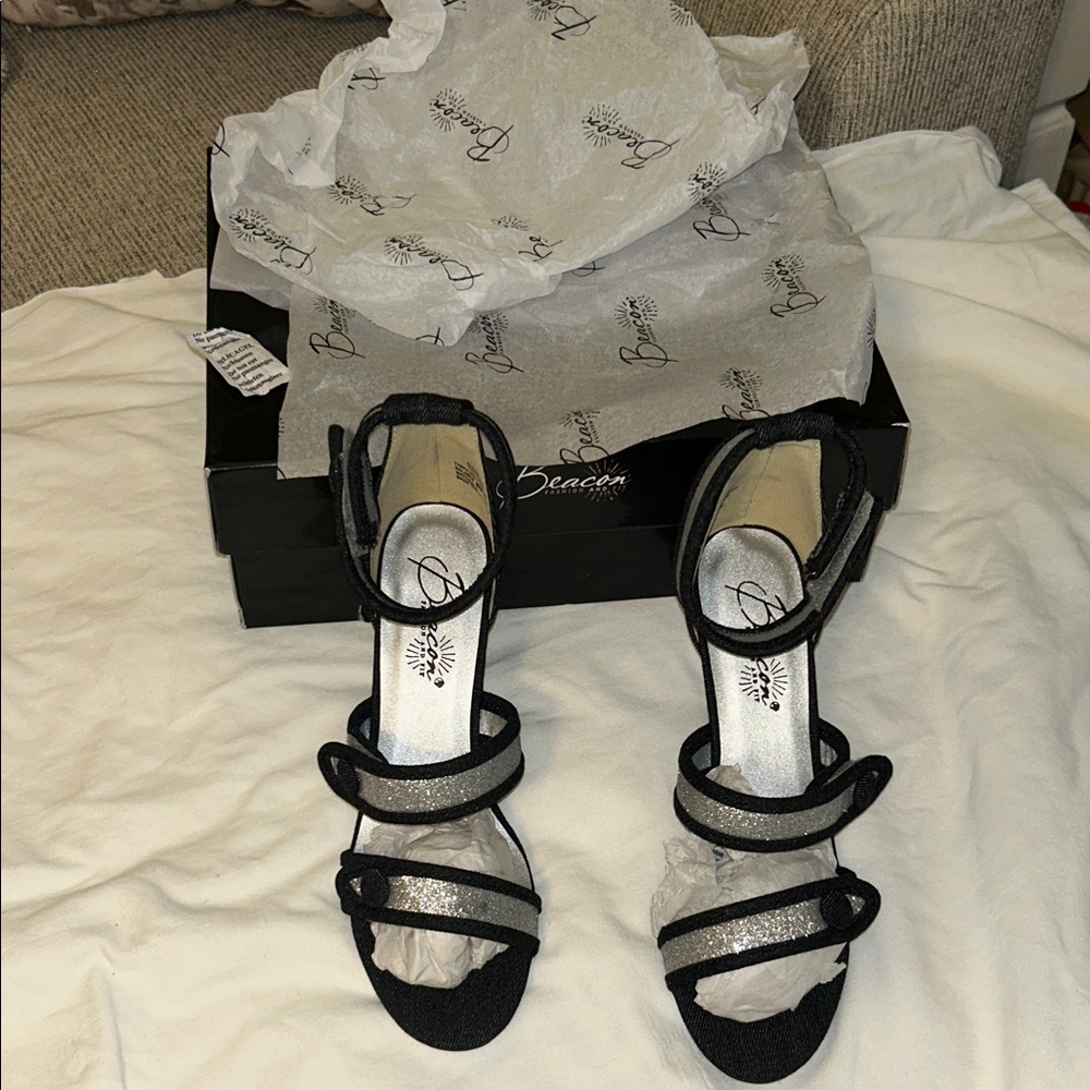 Beacon Black and Silver Strappy Glitter Heel Sandals